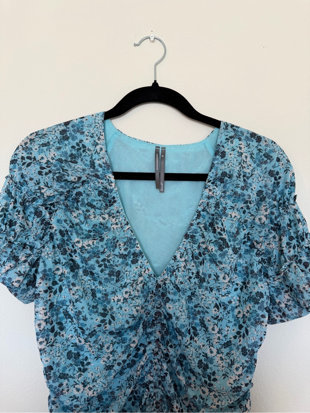Anthropologie Teal Floral Ruched Mesh Top XL - Picture 2 of 7